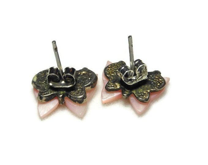Pink butterfly earrings, small mother of pearl (MOP) pink stud earrings, post earrings, pierced, silver tone
