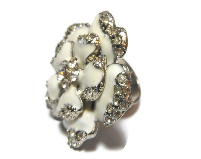 FREE SHIPPING Large flower cocktail ring, white enamel petals clear rhinestones center and the silver tipped edging, size 5 floral ring