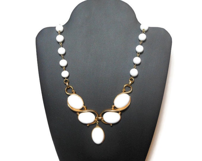 Crown Trifari necklace white milk glass beads with Lucite center pieces seen in 1955 Life Magazine, wedding perfect