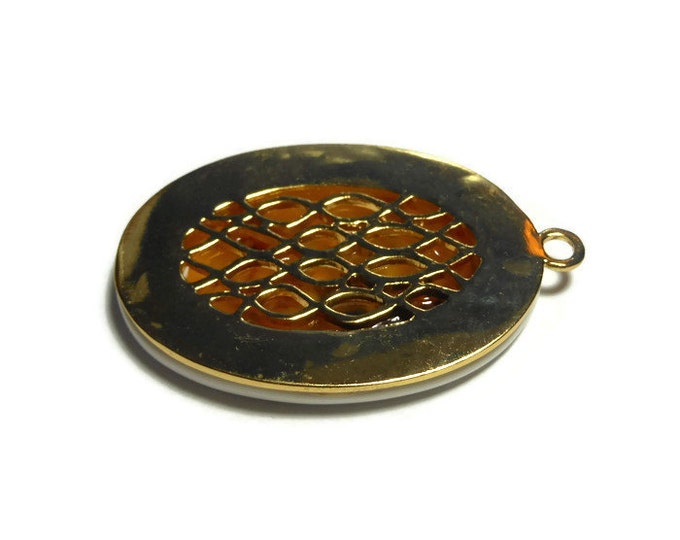 White oval honeycomb pendant, golden brown resin honeycomb focal with gold-plated brass, white enamel frame, 60x41mm oval