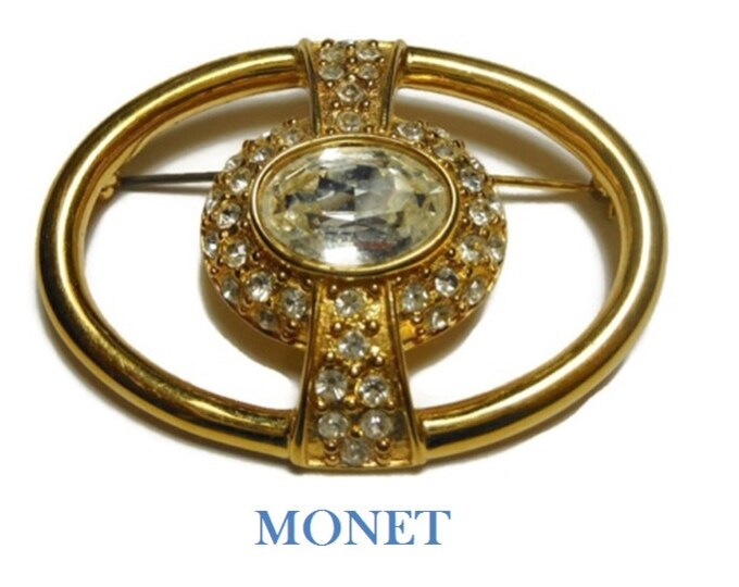 FREE SHIPPING Monet circle brooch, oval gold buckle look with pave rhinestones and a oval large cabochon rhinestone center, large pin