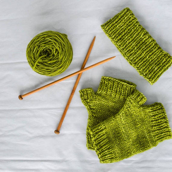 Items similar to Lettuce Merino Mitts and Headband Fingerless Gloves