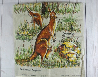 Vintage Pure Linen Tea Towel Australian Kangaroo by Heil Print Australia Souvenir