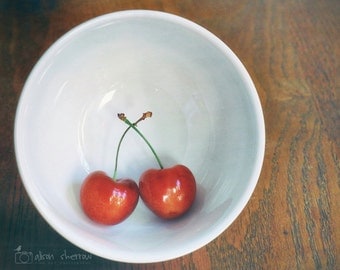 Cherry Photograph, Art For Kitchen, Food Photography, Modern Rustic Decor, Country Farmhouse Style, Fruit Print | 'Two Red Cherries'