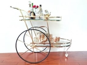 Mid Century Bar Cart ~ Brass/ Wood Tea Trolley ~ Vintage Two Tier Serving Cart/ Tray