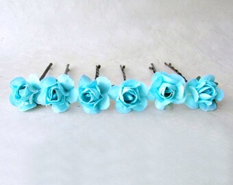 Turquoise Hair Pins. Tropical Blue Rose Bobby Pins. Bright Blue Wedding Hair Accessories. Small Paper Flower Hair Pins Set of 6.