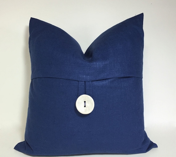 Button pillow cover dark blue linen slub button accent throw
