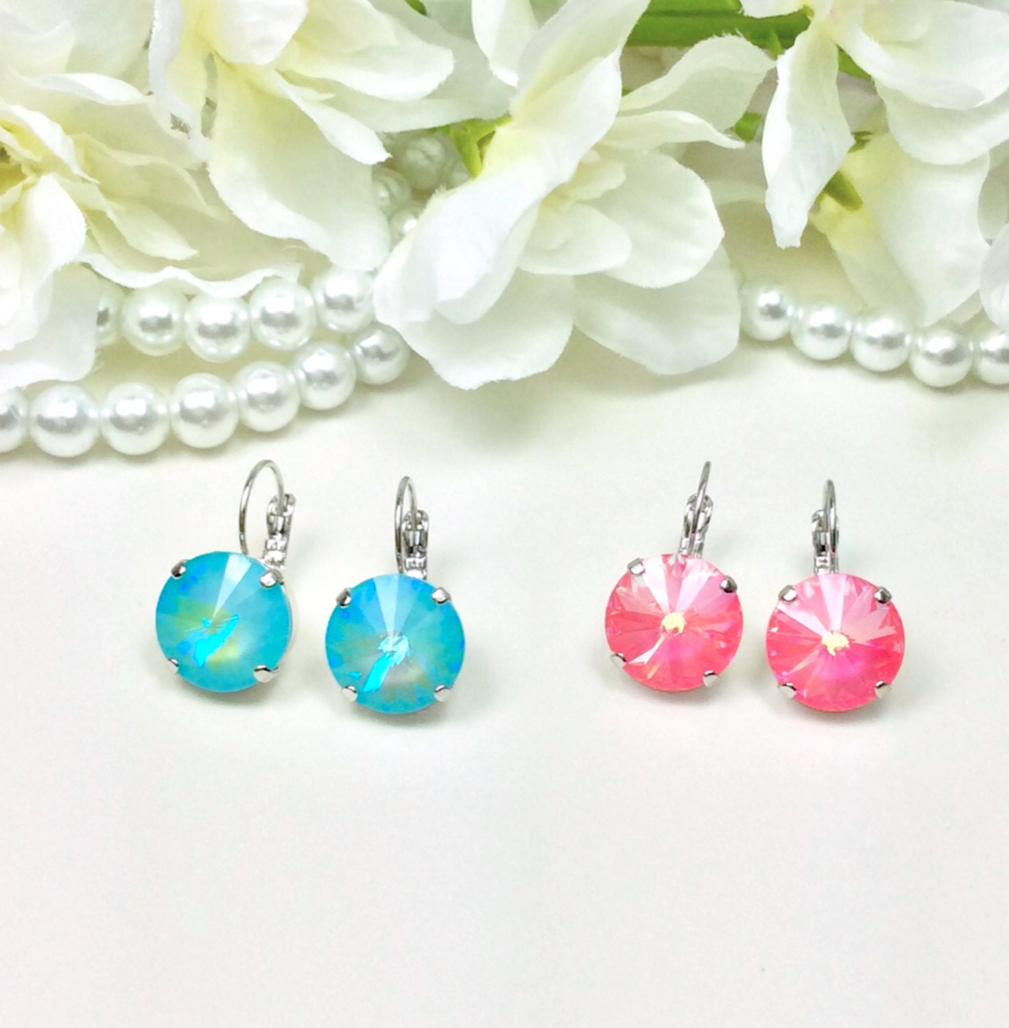 Swarovski Crystal Earrings 14mm - Ultra Turquoise A B or Ultra Pink Coral AB Crystals  - Super Sparkle & Shimmer - FREE SHIPPING