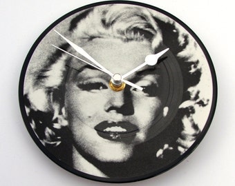 MARILYN MONROE Vinyl Record CLOCK made from recycled 7" picture Disc, unique gift, black and white, upcycled, monochrome, glamour, women