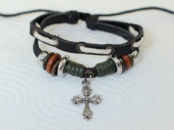 050 Men's black leather bracelet Cross bracelet Charm