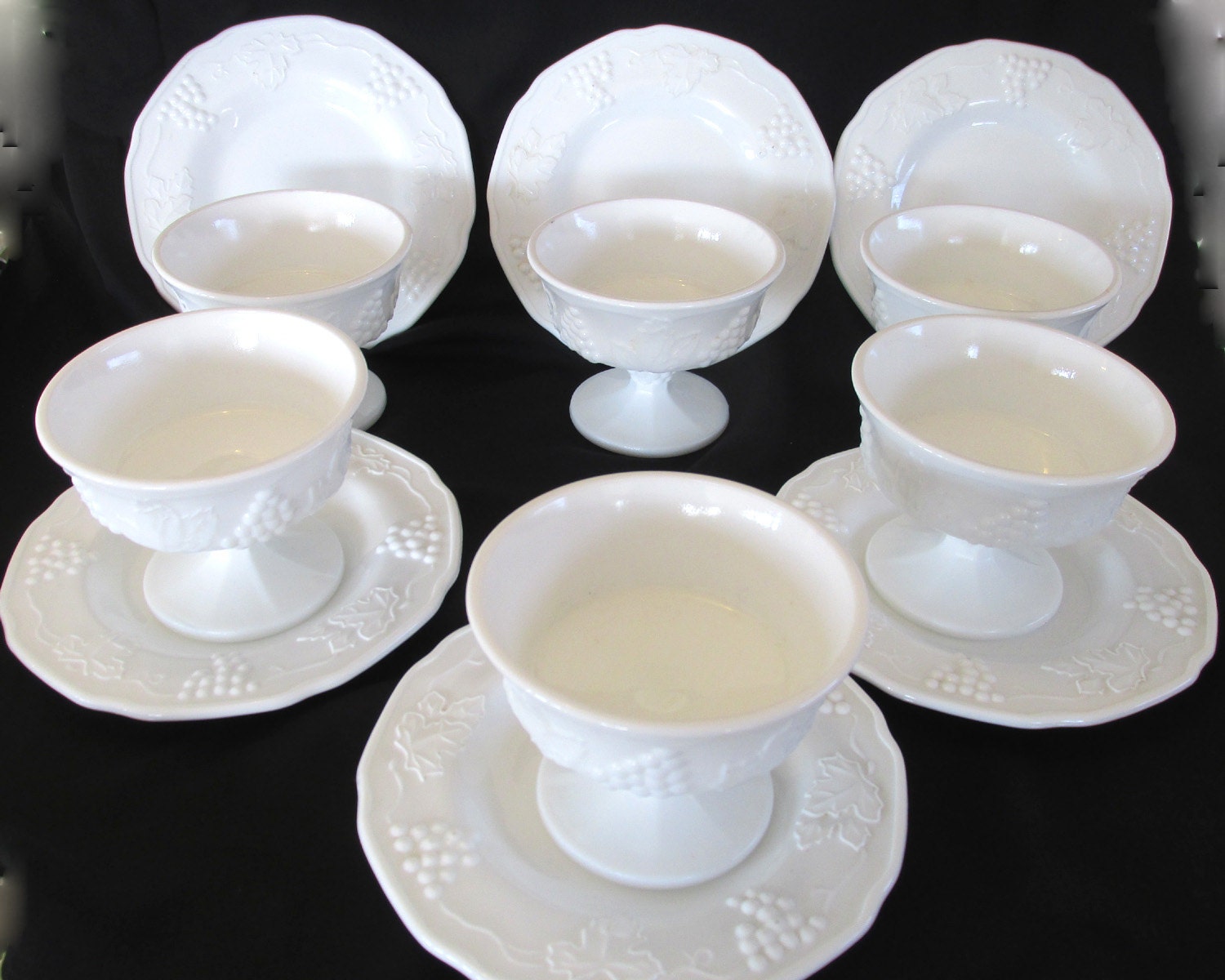 Vintage Milk glass sorbet dessert cups with saucers grape vine