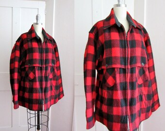 Men Wool Plaid Jacket - Johnson Woolen Mills Jacket - Red and Black Buffalo Plaid - Hunting Coat - Zip -  Jacket -
