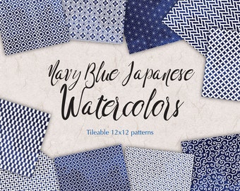 Navy Blue Watercolor Patterns Japanese Paper Blue digital paper pack Watercolor Digital Scrapbook Blue wrapping paper watercolor