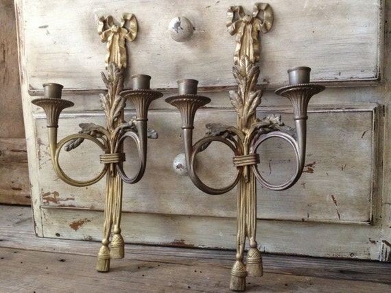 French Candle Holders Wall Sconce Gold Gilt Bronze Ribbon Bows