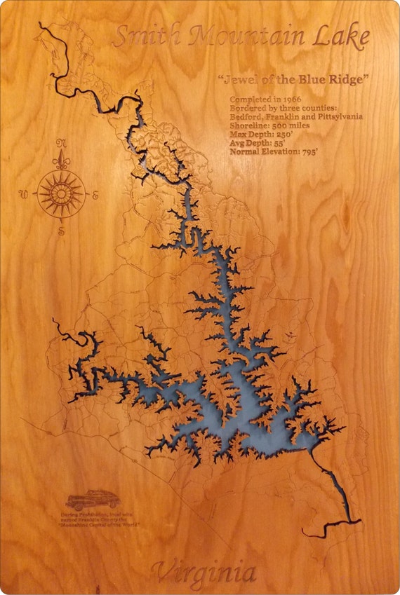 Smith Mountain Lake VA laser cut wood map by PhDs on Etsy