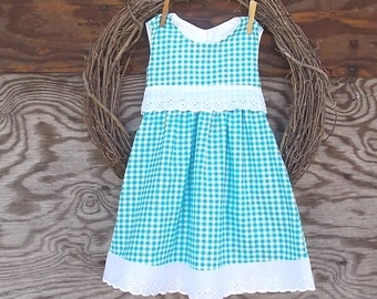 Girls Blue Gingham Dress, Girls Dress, White Eyelet Dress, Flower Girl Dress