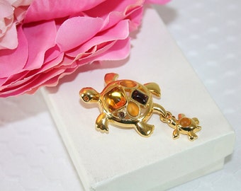 Vintage Mother and Baby Pin Brooch Rhinestone Turtle Pin Amber Colored Accents