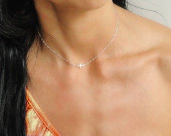 Cross Necklace, Tiny Cross Necklace, Sideways Cross, Horizontal Cross, Christian Necklace, Gold-Silver Cross Necklace, Confirmation Necklace