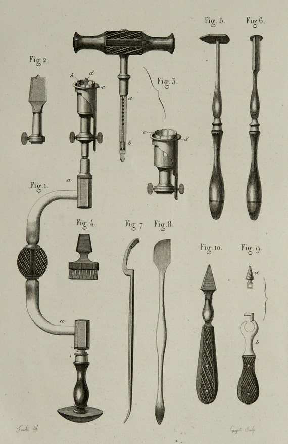 1857 Antique bizarre print of SURGERY TOOLS for AMPUTATION.