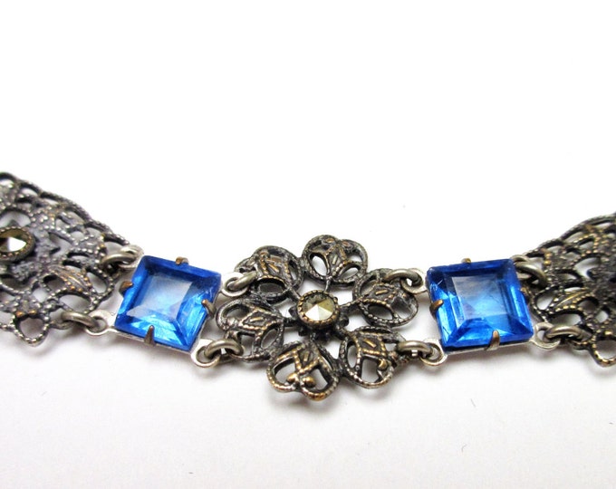 Blue Glass Link Bracelet with 1930s snap clasp - Marcasite silver plated filigree panels Art Dec0 Bracelet