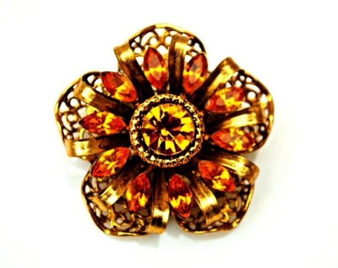 Rhinestone Flower Brooch - Amber Orange Crystal - Gold Filigree - Floral pin