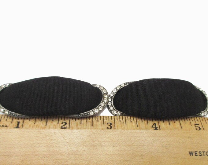 Vintage Shoe Clips - Black cloth - Clear Rhinestone - Oval