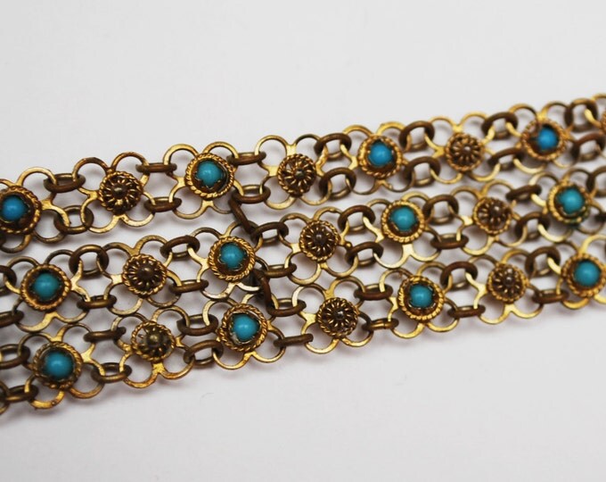 Greece link Bracelet with Gold plated metal turquoise floral Etruscan chain links