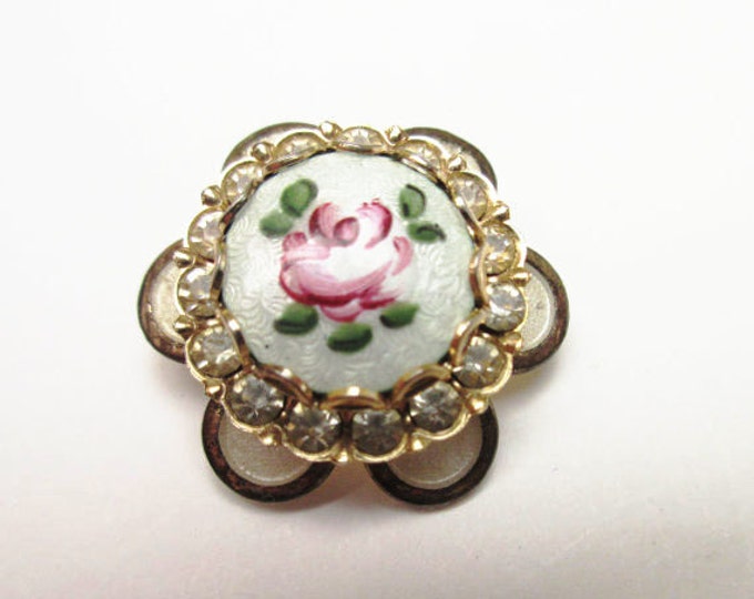 Guilloche Enamel Brooch and Earring Set - Rhinestone and Pink Rose Flower -Gift for her