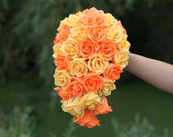 cascade paper bouquet bridesmaids bouquet orange wedding cascading bouquet bridal bouquet roses no round bouquet paper teardrop bouquet