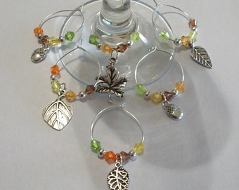 Cute Set of 6 Fall Acorn & Leaf Wine Charms