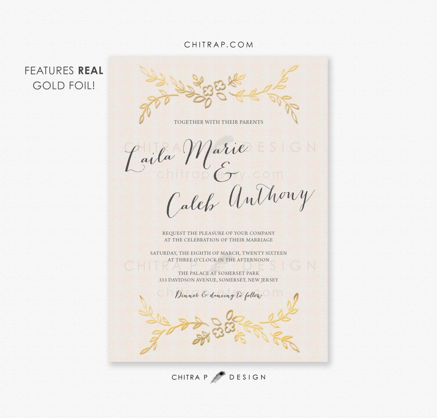 Gold Floral Wedding Invitations Printed REAL Foil Couples