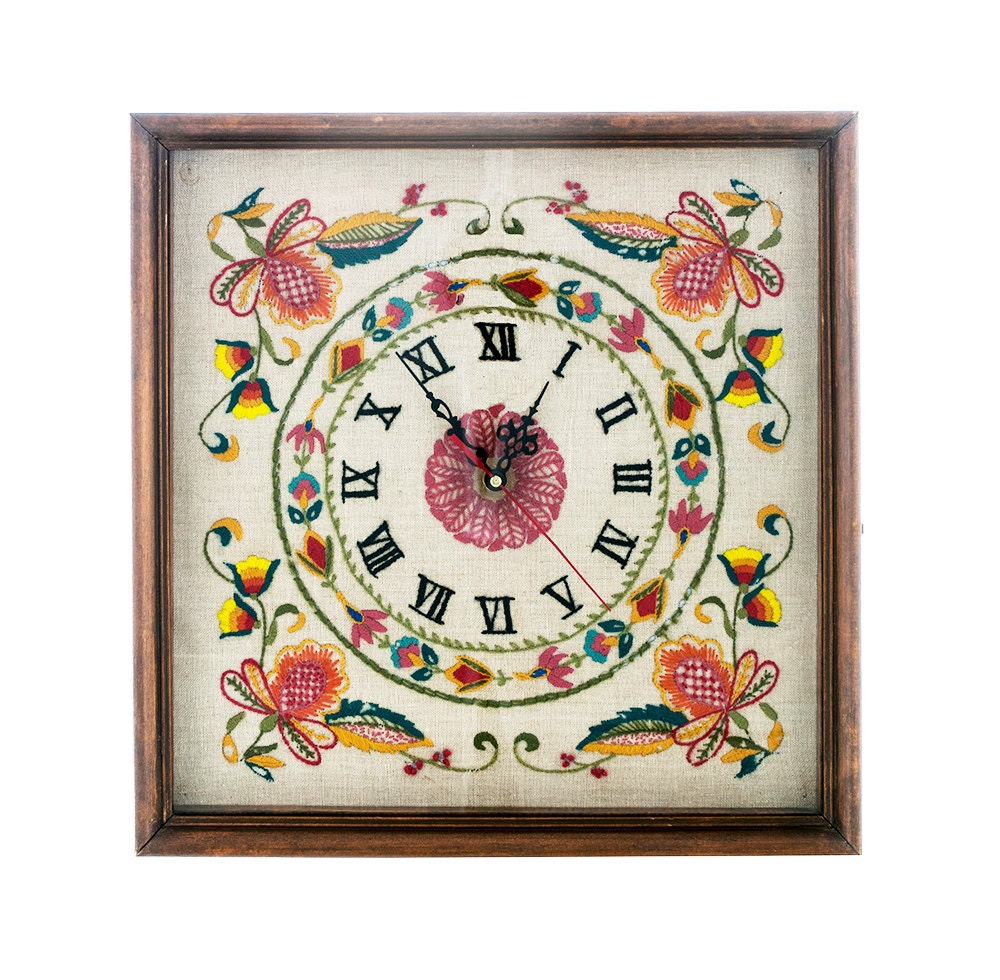 Vintage Embroidered Clock Folk Art Clock 1960s Hand Made