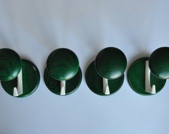 Vintage mid century wood and metal coat hooks. Set of 4. Green and white. Eames era. Danish modern. Coat and hat rack.