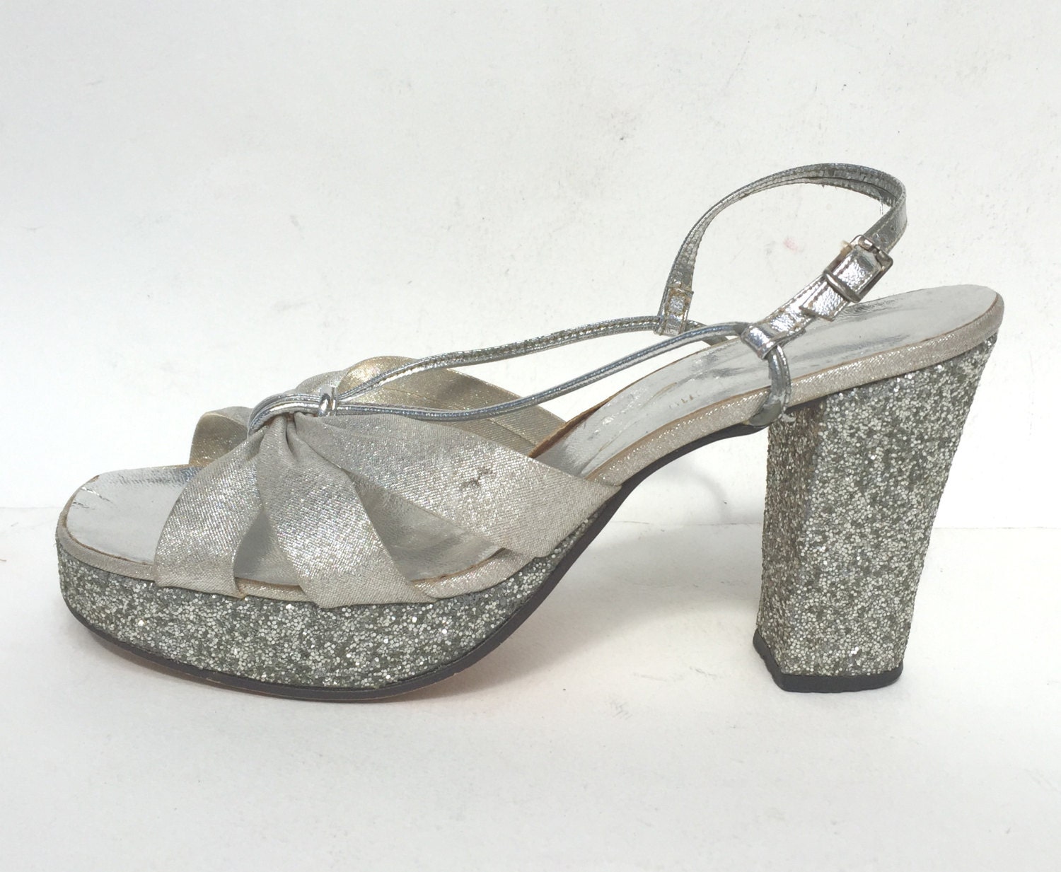 70s silver glitter disco platforms 70s silver platform