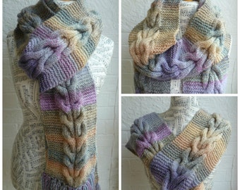 Long Cable Knit Scarf - Women Hand Knit Cabled Scarf - Super Long Fringe Scarf - Pastel Lilac Cream Peach Knit Wrap Snood - ClickClackKnits