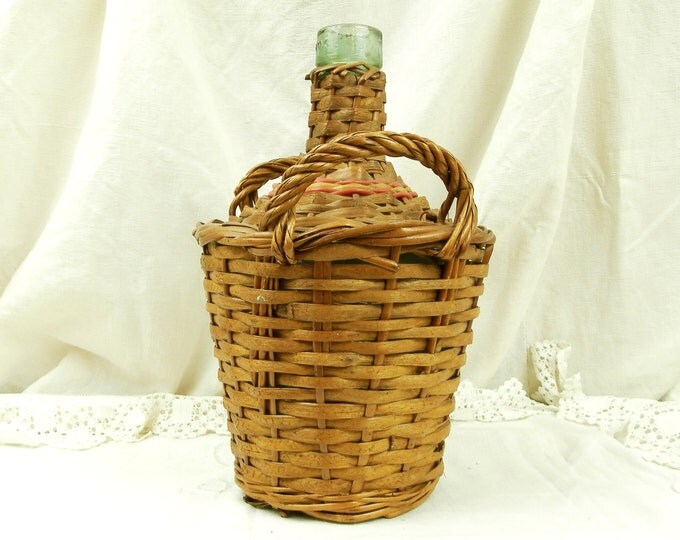Small Vintage French Woven Wicker Glass Demijohn / French Decor / French Country Decor / Rustic Decor / Bottle Vase / Green Bottle / Vase