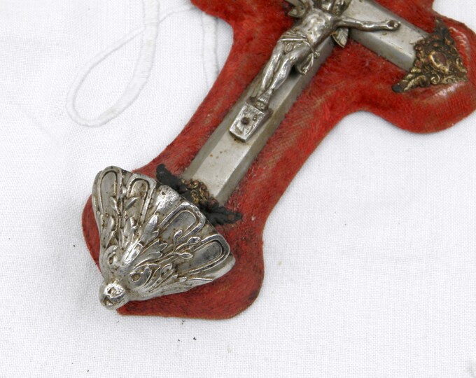 Antique French Catholic Red Velvet, Silver and Gold Plated Crucifix with Font, Religious, Religion, Jesus, Christian, Church, Retro Home