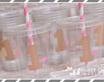Pink and Gold First Birthday Party, Set of 8 or 12 You Choose Party Cups, Favor Cups or Reusable Souvenir Cup