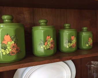 Kromex Avocado Green Pear and Grapes Aluminum Kitchen Canisters