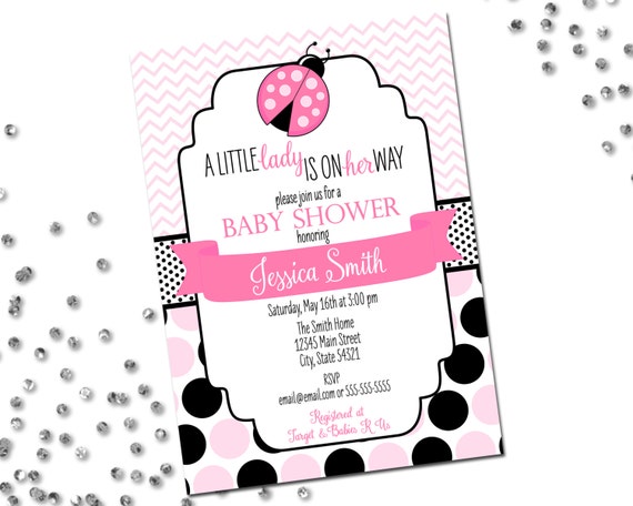 Little Lady Ladybug Baby Shower Invitation - Ladybug Baby Shower - Chevron Stripes and Polka Dots - Pink and Black - Printable Il_570xn