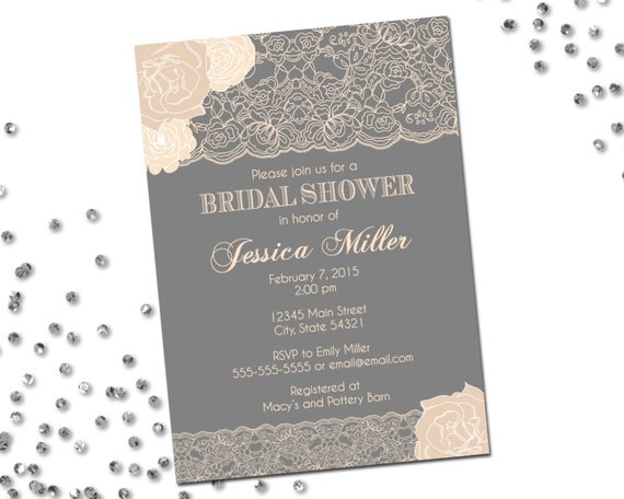 Lace Bridal Shower Invitation - Flowers and Lace - Neutrals - Grey and Cream - Classic Layout - Printable Il_570xn