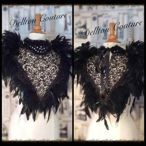Queen of the Night Black Feather & Lace Collar Top. by DelltonCouture steampunk buy now online
