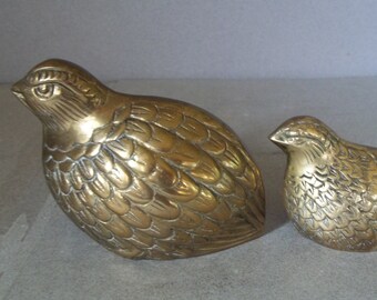 Vintage Brass Quail Figures - S/2 - Solid Brass Quail Figurines - Midcentury Brass Quail - Woodland Figures