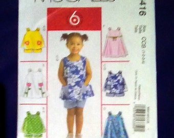 Uncut Pattern - McCall's M5416 - Toddlers top, dress and shorts = size 1,2,3,4
