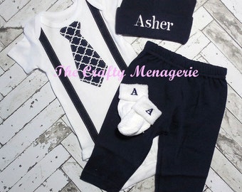 Coming Home Outfit, Baby Boy Layette, Personalized Boy Outfit, Suspender Tie Outfit WITH Personalized Hat, Optional Pants or Socks