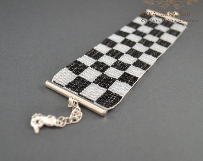 Checkerboard Bracelet black and white woven on a loom black bracelet bracelet with beads white bracelet wide bracelet cuff seed beads gift