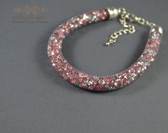 Pink mesh bracelet nylon mesh shiny bracelet net bracelet modern bracelet mesh bracelet crystal bracelet Valentine's Day friend