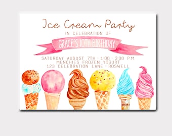 Ice Cream Party Watercolor Birthday Invitation