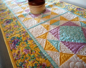 spring floral quilted table runner, yellow white kitchen quilt, handmade table quilted linen, country cottage chic decor, spring colors