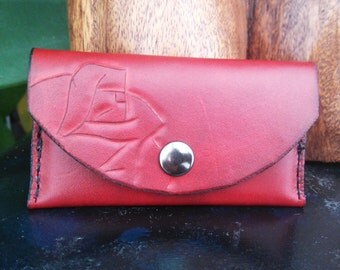 Leather business card holder, Handmade, hand stitched, genuine, burgundy, carved, rose